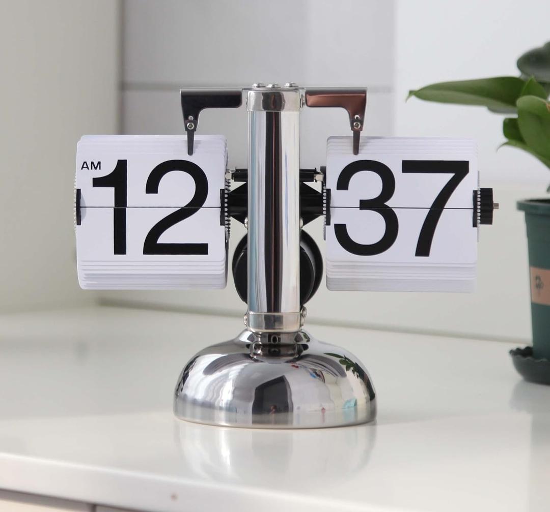 Retro Flip Clock - Mechanical Digital Desk Clock With Internal Gear Operation - Battery Powered for Home Office Decor - White