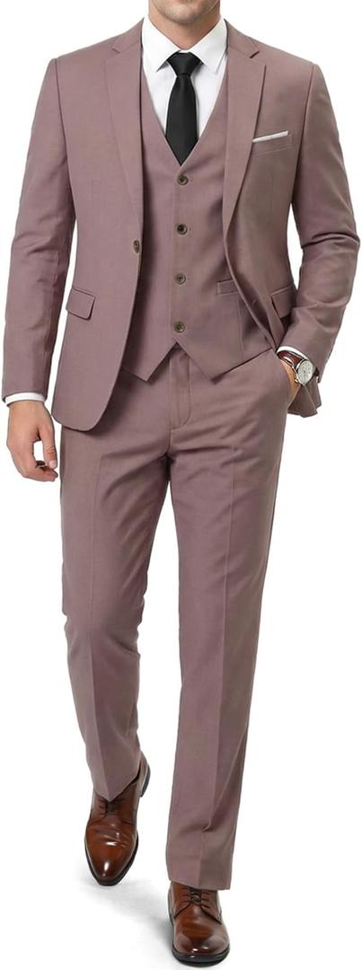 YND Men's Slim Fit 3 Piece Suit, One Button Solid Jacket Vest Pants Set with Tie 2XL