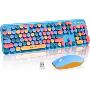 Keyboard and Mouse Wireless,Cute Retro Wireless Keyboard Mouse Combo with Round Key,2.4Ghz Dropout-Free Connection,Typewriter Wireless Keyboard Mouse Set for PC Laptop Desktop Computer-Blue Colorful (Blue Colorful Wireless Keyboard Mouse)