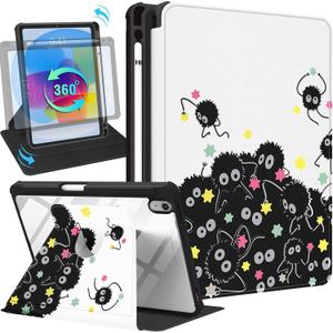 for iPad A16 Case - for iPad 10th Generation Case 10.9 Inch Women Cute Girls Girly Kawaii Pretty Black Stars Design Aesthetic Rotating Stand Folio Tablet Cover for Apple 10/11 2025