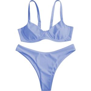 ZAFUL Underwire High Leg Ribbed Bikini Swimsuit Two Pieces Set, S, Lavender ZAFUL Underwire High Leg Ribbed Bikini Swimsuit Two Pieces Set, S, Lavender