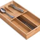 guiogc Bamboo Silverware Organizer, Kitchen Silverware Drawer Organizer, Utensil Tray Holder, Cutlery Tray for Spoons, Forks, Knives (Double Layer-Medium)