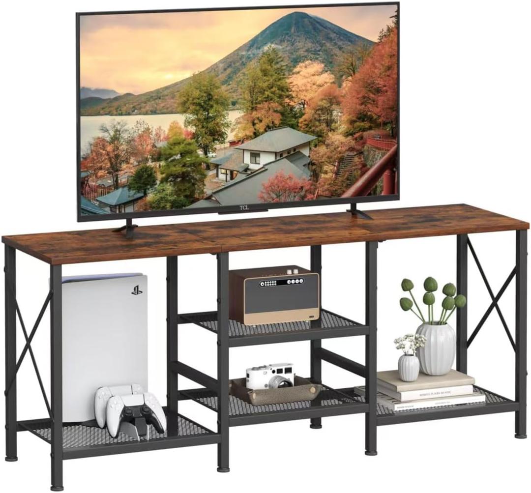 JARHETUN TV Stand for 55 Inch TV, Entertainment Center with 3-Tier Open Shelves, TV Console Table for Living Room, Bedroom, Rustic Brown