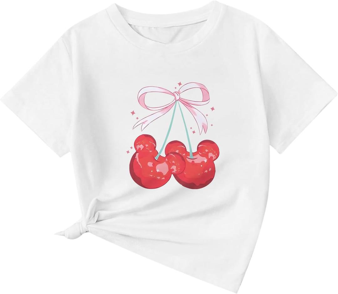 Girls Bow Cherry Shirt Cute Shirts Kids Graphic Tees Aesthetic Funny Tshirts Crewneck Summer Short Sleeve (White, 150 Child)