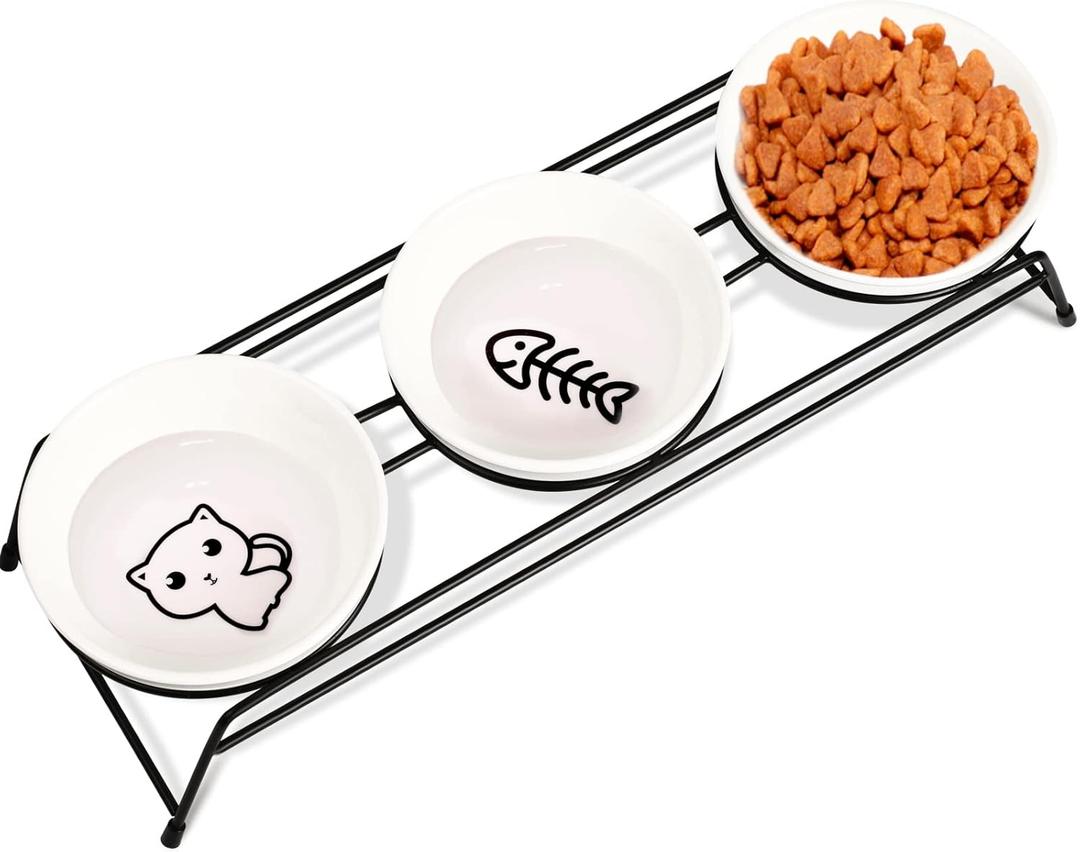 3 Cat Food Bowls Ceramic 13 oz Upgraded with Stainless Steel Stand Non-Slip and Anti-Rust Elevated Raised Cat Bowls for Food and Water, Pet Dishes Bowl for Indoor Cats and Puppy, Dishwasher Safe