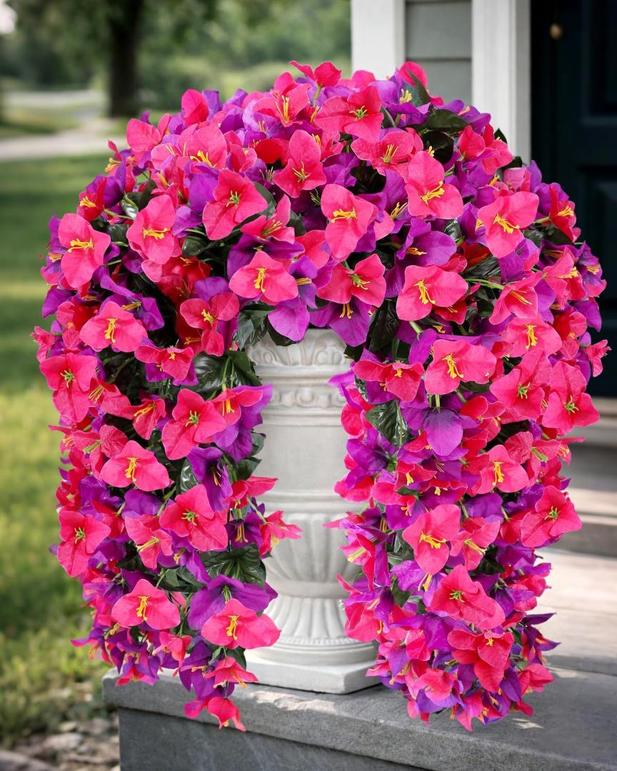 Artificial Flowers for Outdoors 2 Bundles of UV-Resistant Artificial Bougainvillea, Realistic Silk Flowers for Front Porch, Patio, Garden, Window Boxes & Hanging Baskets (Purple& Hot Pink, 2)