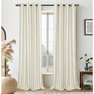 DriftAway Farmhouse Linen Blend Blackout Curtains 96 Inches Long for Bedroom Vertical Striped Printed Linen Curtains Thermal Insulated Lined Treatments for Living Room 2 Panels W52 x L96 Camel Beige