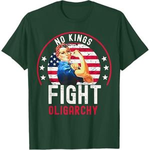 Vintage No Kings Fight Oligarchy Woman's Girl America Flag T-Shirt (S, Dark Green)