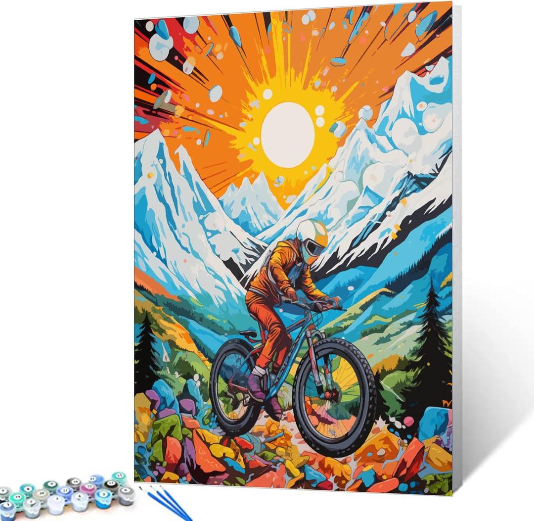 Extrem Sport Graffiti Paint by Numbers Kits 16x20 inch Canvas Mountain Cycling DIY Oil Painting for Kids, Adults Beginner Man Cyclist Paintwork Sunset Landscape Paintwork with Brushes Gift(Frameless) (Artwork-03)