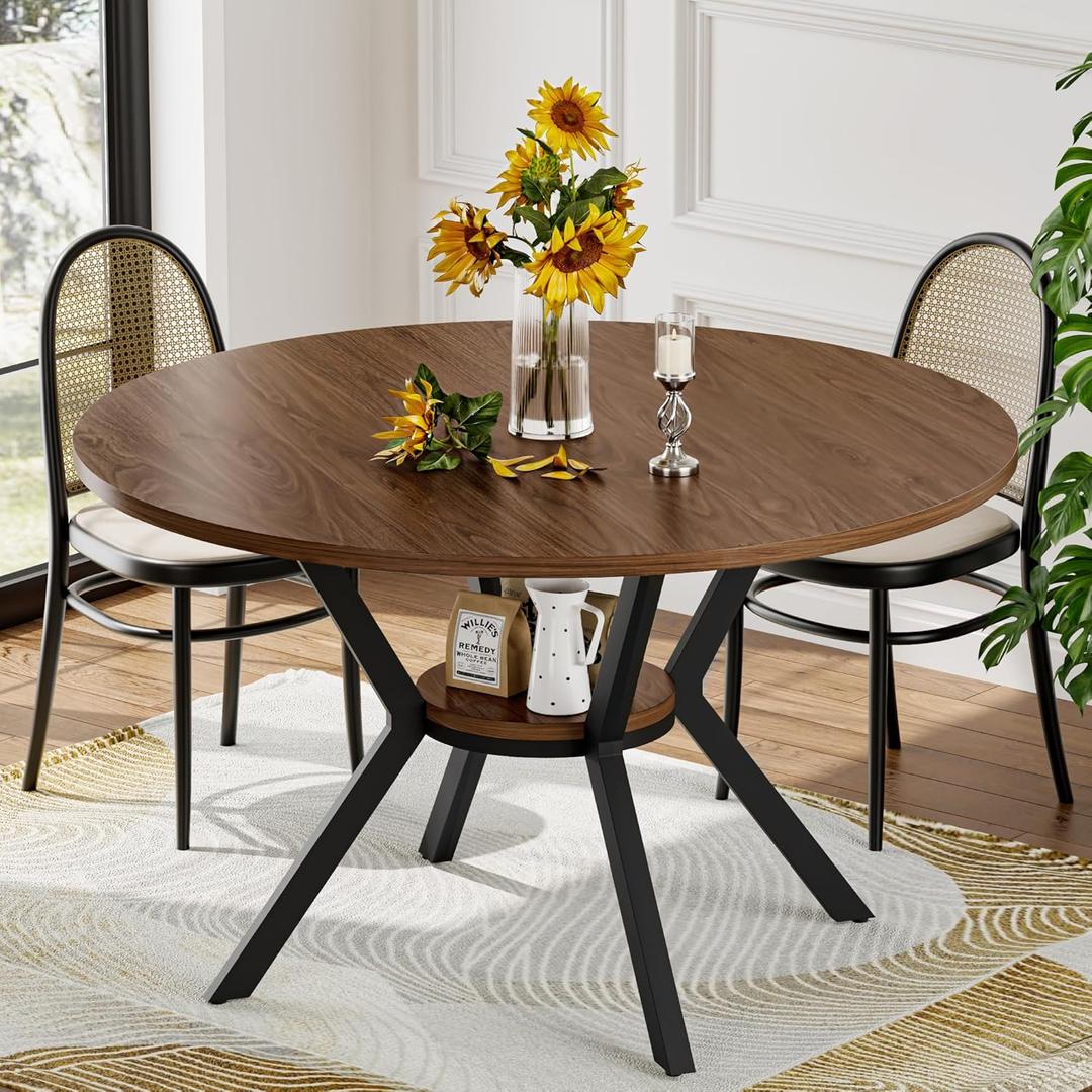 42" Round Dining Table for 4, Farmhouse Kitchen Table with Storage, Space Saving Circle Dinner Table, Rustic Wood Kitchen & Dining Room Tables with Metal Legs for Kitchen, Living Room, Dining Room (6-dark Brown)