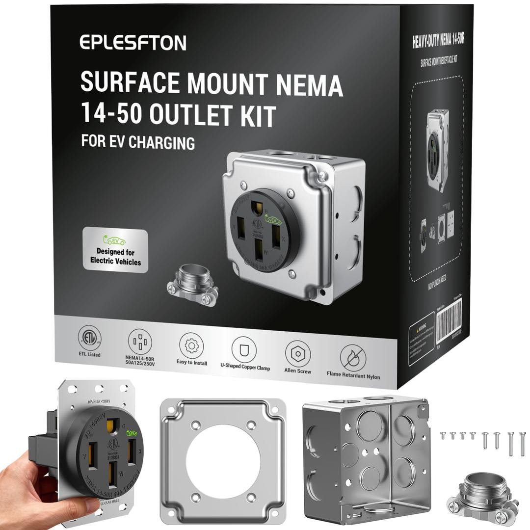 Nema 14-50 EV Outlet with Surface Mount Box Kit, 50 amp EV Charging Straight Blade Device Receptacle Heavy Duty, Industrial Grade, 3-Pole 4-Wire Grounding, 50A 125/250V,ETL Listed,Black