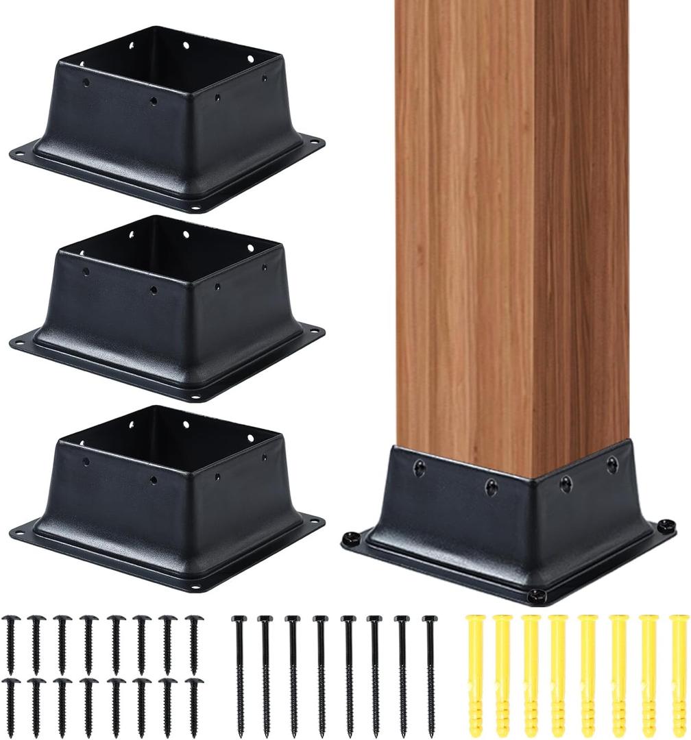 4" x 4" Post Base, 4 Pcs Post Brackets Inner Size 3.9"x3.9" Wood Fence Post Anchor Heavy Duty Powder-Coated Steel Post Bracket for Wood Deck Porch Railing Pergola Mailbox Support (4 Pcs)