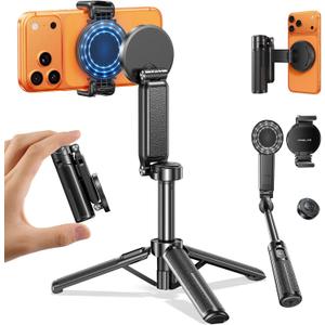 Max 17" MRGLAS Magnetic Mini Tripod Selfie Stick for iPhone4.5" Pocket | 17" Max Extendable4.5" Pocket Stand with Wireless Remote, Detachable Clamp, 360 Rotatable for MagSafe, 4-in-1 Mini Tripod