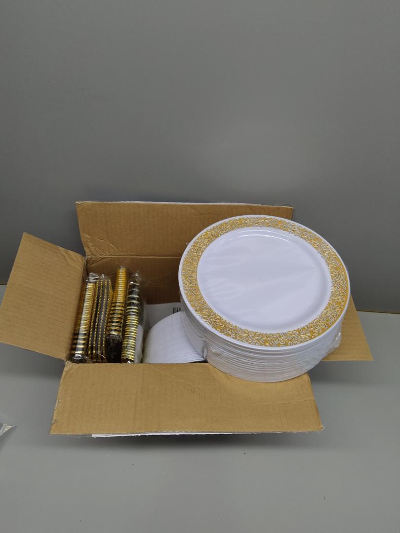 WDF 100pcs Gold Dessert Plates 7.5" with 100 Pieces Disposable Forks 7.4", Lace Design Fancy Appetizer Small Salad and Cake Plates for Thanksgiving Party/Weeding