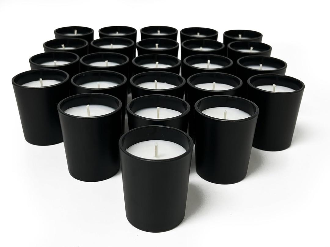 Simply Soson Scented Votive Candles, Bulk Set of 24 White Patchouli Small Candles, Votive Candles Scented in Glass, Black Holder 10 Hours Burn, for Wedding, Birthday, Holiday Christmas & Decoration