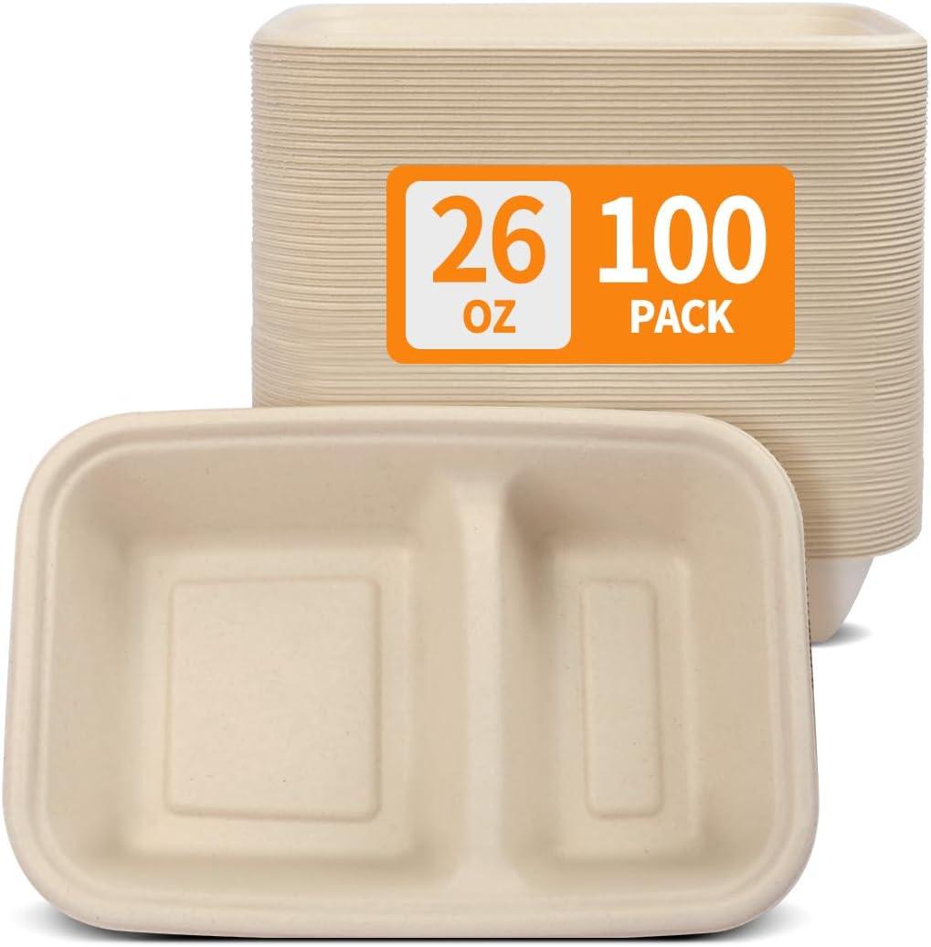 Celel 100 Pack 2 Compartment Paper Bowls for Nacho, Cheese, Chip and Salsa, Microwavable Two Compartment Chip and Dip Paper Food Boats for Carnival Party Catering (2 compartment (8.7''x5.9''x1.7''))