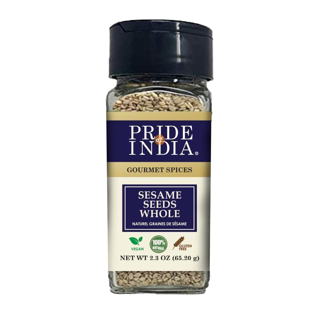 Pride of India | Sesame Seed Whole 2.3 oz (65.20 gm) Small Dual Sifter Bottle | Unhulled & Fresh | Keto-Friendly/Gluten-Free | Rich in Dietary Fiber | Ideal Seasoning for Salads/Sweets/Desserts – Easy to Use (EXP 12/31/26)
