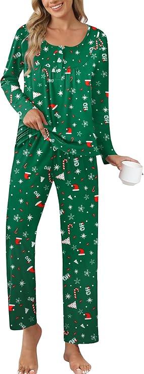 Ekouaer Pajamas for Women Set Long Sleeve Sleepwear Top & Pants Pjs Comfy 2 Piece Lounge Set with Pockets (S, Christmas Green)