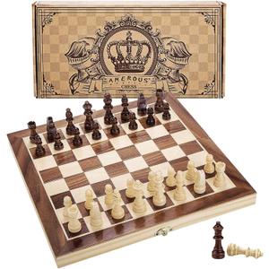 AMEROUS 12" x 12" Magnetic Wooden Chess Set for Kids and 6 up Age, 2 Bonus Extra Queens, Folding Board with Storage Slots, Handmade Chess Pieces, Portable Travel Chess Board Game Sets