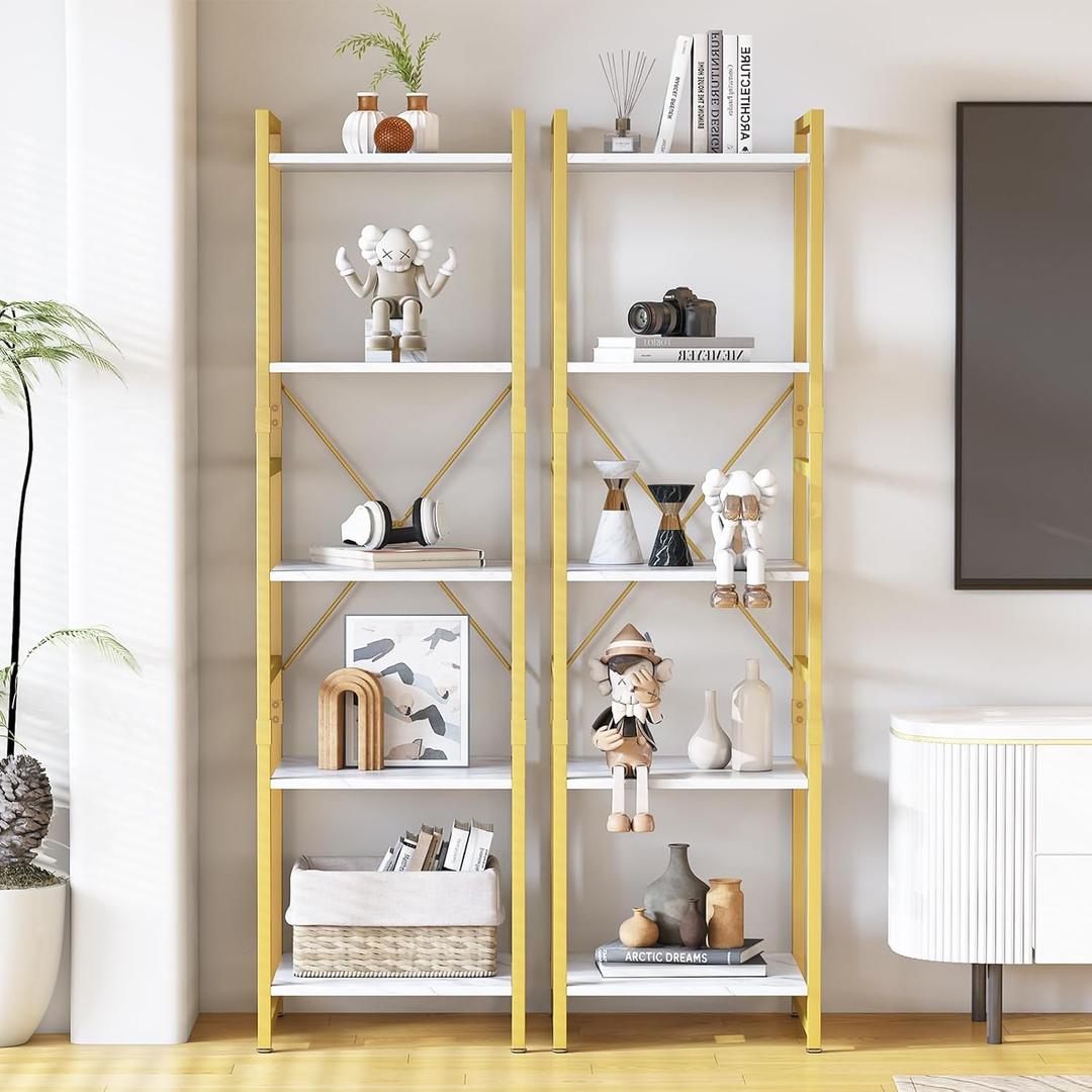 Bookcase Shelf, Small Narrow Bookshelf with Metal Frame, Gold Modern Display Storage Organizer,Industrial Display Standing Shelf Unit for Bedroom, Living Room(White and Gold,2PCS) (5 Tier-2 Pcs)