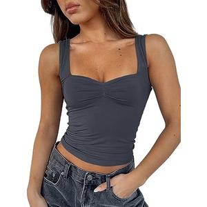 ForeFair Women Sleeveless Sexy Backless Going Out Crop Top Y2K Strappy Ruched Tank Top Summer Tight Slim Fit Cute Tops (Color: Deepgray, Size: Large)