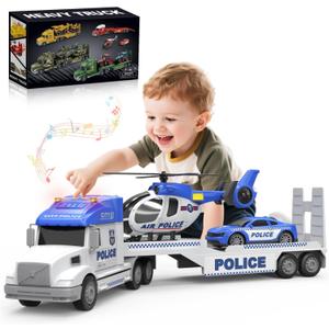 Toddler Toys for 3 4 5 6 Year Old Boys - 27" Large Police Semi Truck Toy with Racing Car and Helicopter, 3-in-1 Friction Powered Transport Vehicle with Lights Sounds, Christmas Birthday Gifts for Boys