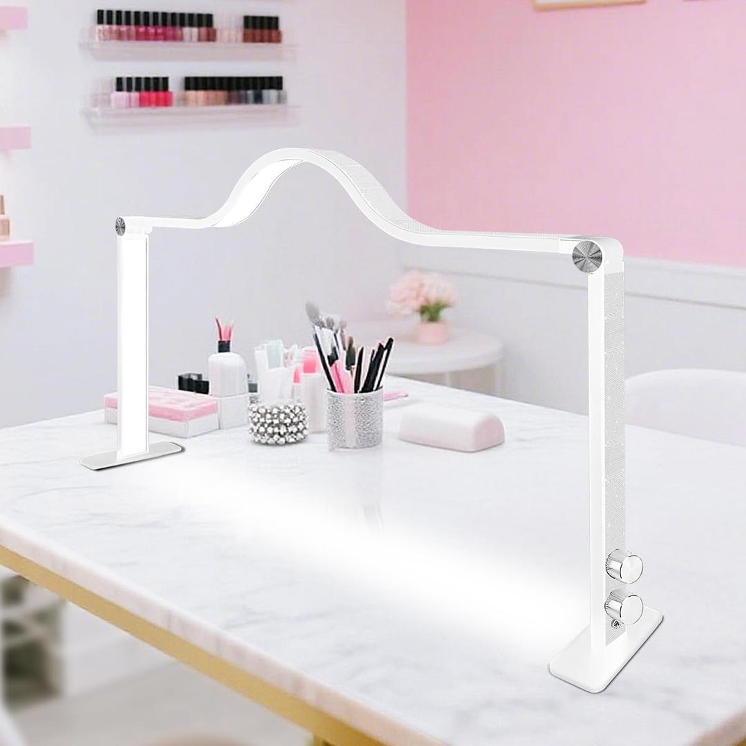 KRYPHIXON LED Nail Lamp for Desk, Adjustable Dimmable Half Moon Light for Nail Tech, 31" Foldable Portable 3 Color & 10 Brightness Manicure Light for Beauty Salon, White Diamonds