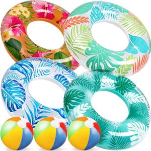 90shine 7PCS Luau Pool Floats: Hawaiian Swimming Rings with 13.5" Beach Balls - Inflatable Tubes Floaties Toys for Kids Adults