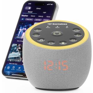 White Noise Sound Machine for Sleeping, 361 Soothing Sounds, Smart APP Control, Custom Buttons, Non Looping Natural Sounds, Bedside Dimmable Clock, Night Light, Santebee for Adults Baby Kids Lullaby (Grey)