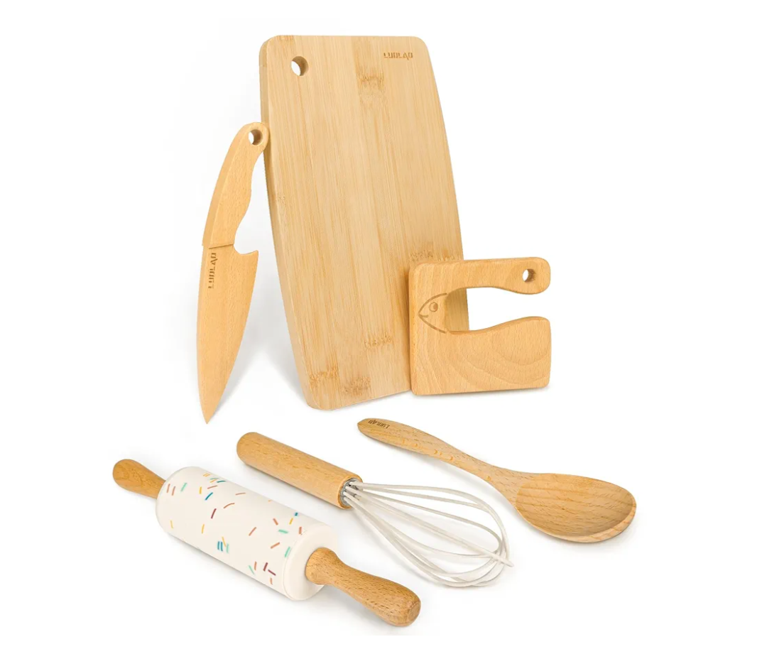 Wooden Kids Safe Knife and Kids Baking Set for Real Cooking, 6 PCS Toddler Montessori Kitchen Tools, Cooking and Baking for Kids Little Chefs