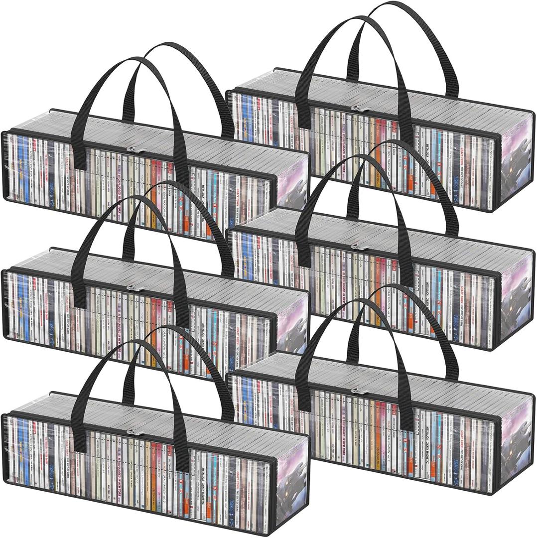 Lifewit CD Storage Bags 6 Pack, Clear PVC Plastic CD Case Holder with Handles, Front Window Zipper Design, Stackable Media Organizer Box for Albums, Hold up to 300 Pcs CDs (50 Each)