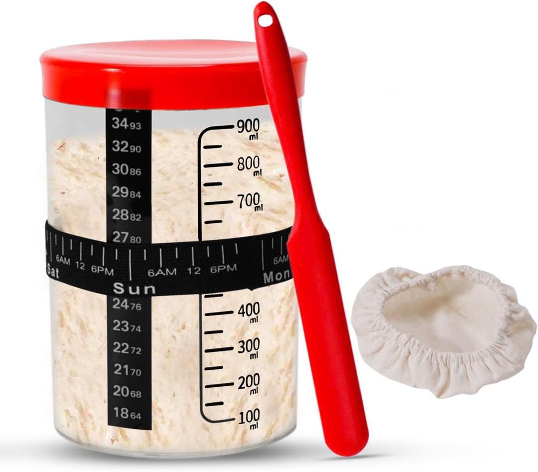 Premium Sourdough Starter Jar Glass - 34 oz Sour Dough Starter Jars, with Spatula, Wide Mouth Jar Cover, Thermometer, Date Marked Feeding Band, Sourdough Jar for Baker