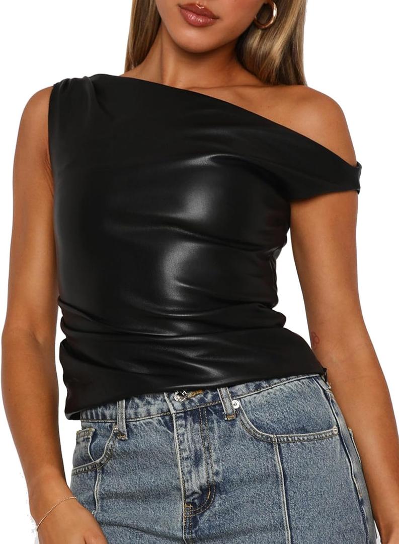 Limerose Womens Off Shoulder Top Sleeveless Shirts Faux Leather Slim Fitted Tank Top (Medium, Black)