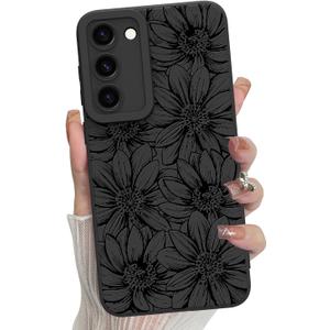 MZELQ for Samsung Galaxy S23 Case, Silicone Black Floral Flowers Sunflowers Cute Pattern, Camera Protection Soft Slim Phone Case for Girls Women