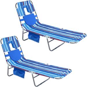 SUNNYFEEL Lay Flat Tanning Chair with Face Down Hole & Arm Slots, Backpack Beach Lounge Chair, 5-Position Folding Sunbathing Chair, 300 LBS Heavy Duty, 72" L x 22" W for Beach, Pool, Camping, Standard -2PCS