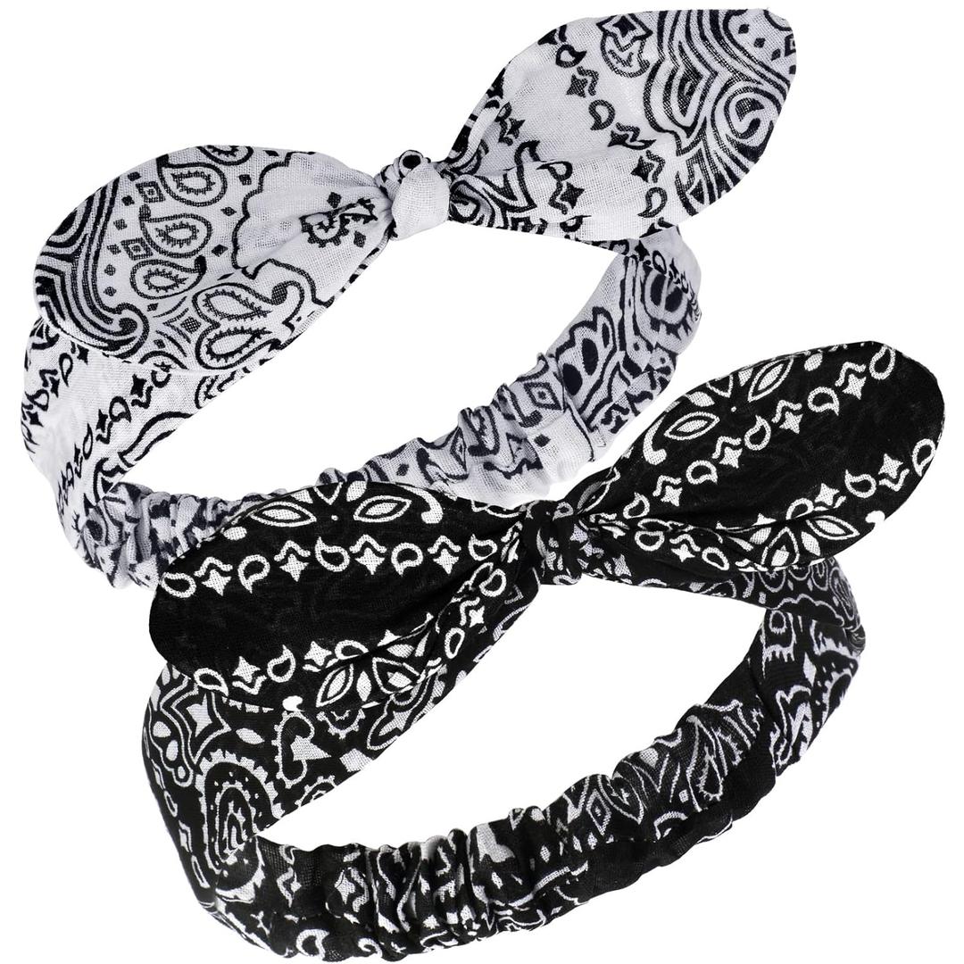 Hicarer 2 Pieces Bandana Headband for Women, Knot Retro Print Bandana Paisley Print Headband Adjustable Headwrap (White, Black)