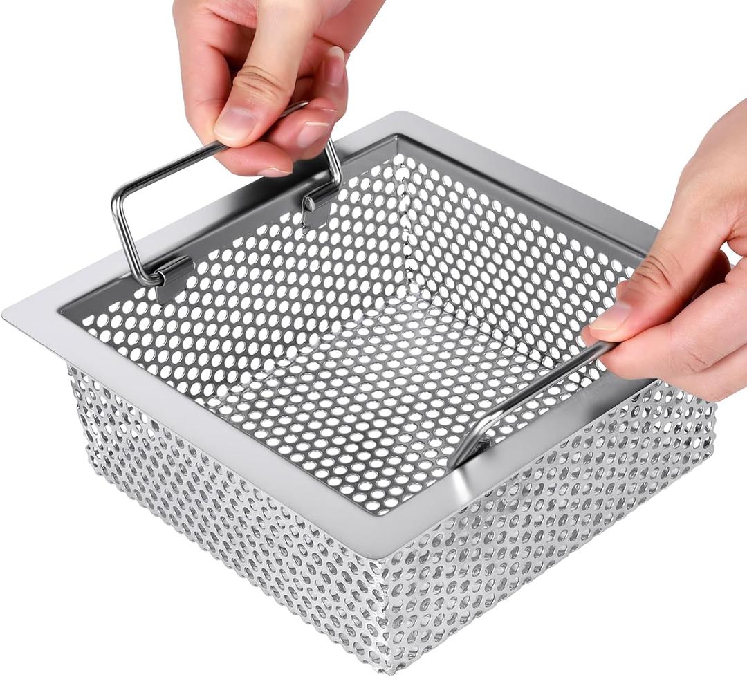 Floor Drain Strainer 304 Stainless Steel, Double Handle Basket, 1.0Mm, 8-5/8"W x 8-5/8"L x 3" H Floor Sink Strainer, Super Large Drainage Area Floor Drain Filter- Perfect for Restaurant, Bar, Buffet