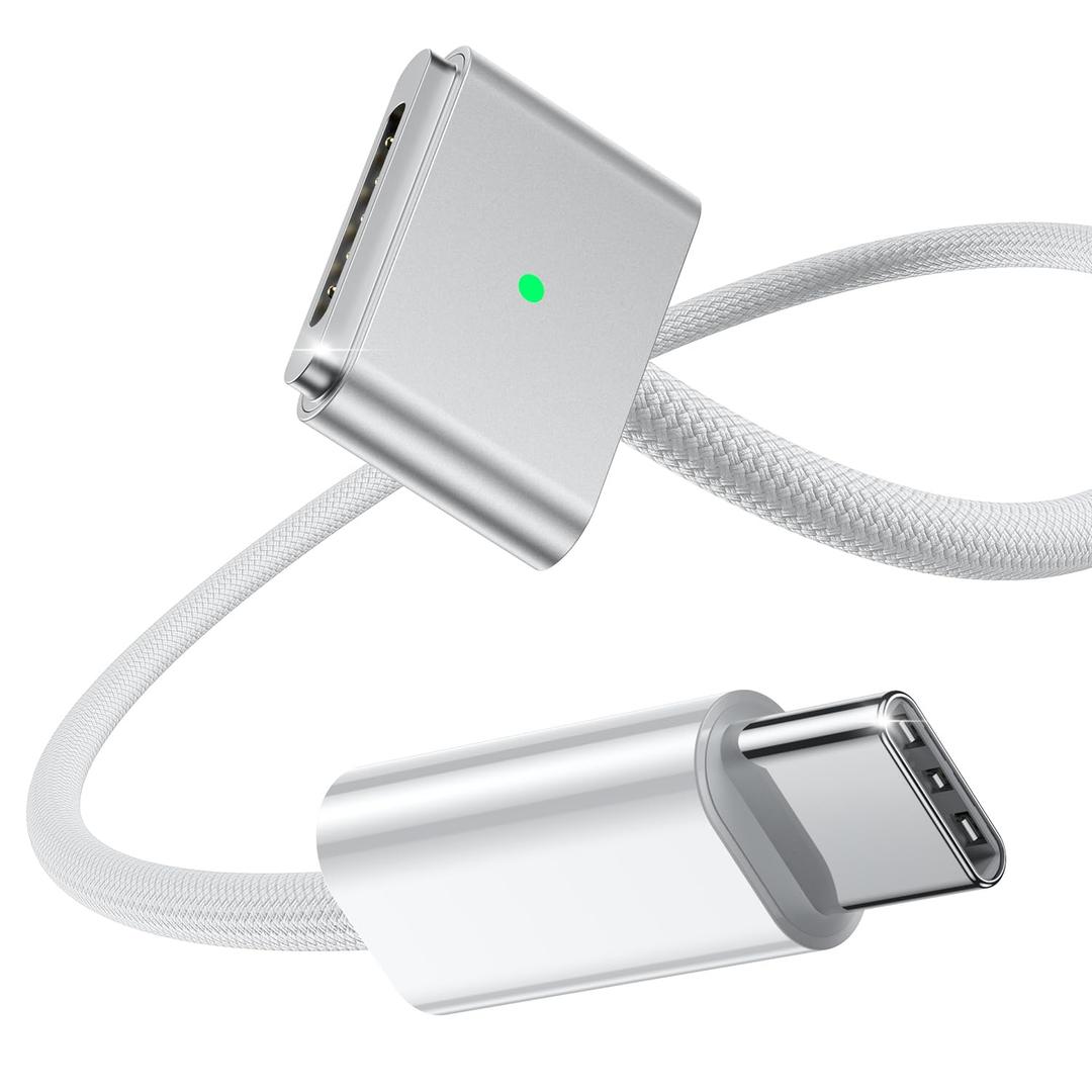 Amavasion USB-C to Magnetic 3 Charging Cable (6.6ft), 140W Fast Charging Replacement for MacBook Air & Pro, Secure Magnetic Connect, Braided Cable White