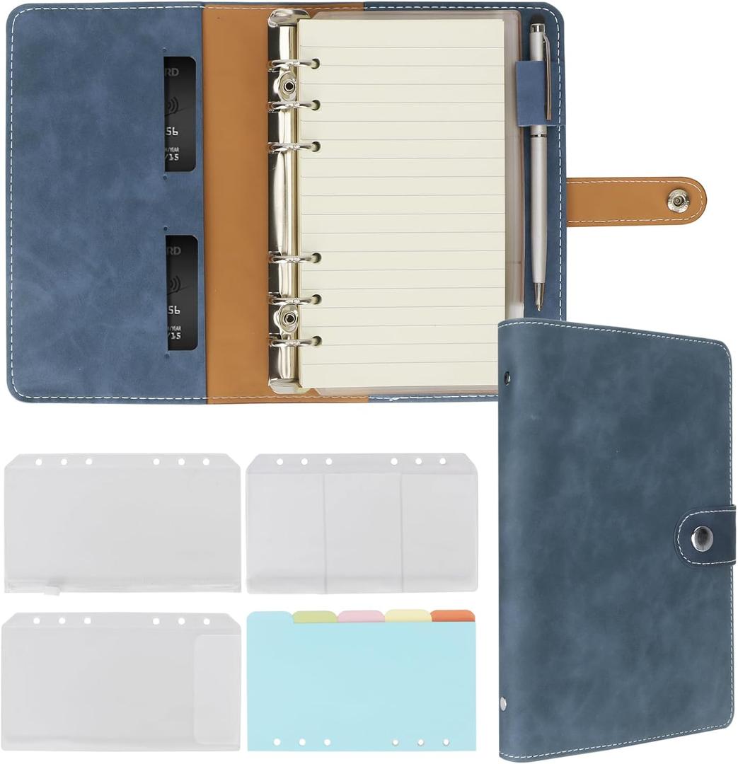 FYY Leather A6 Refillable Notebook - 6 Ring Binder with Pockets, Dividers and Refill Paper - Portable Travel Binder Journal Cover in Navy Pu leather (A-navy)