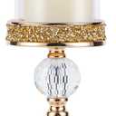 Pillar Candle Holder, 13 Inch Crystal Candlesticks for 3''X5'' Candles, Dining Coffee Table Decor, Wedding, Events, Parties - Glass and Gold Finish (2 crystal balls)