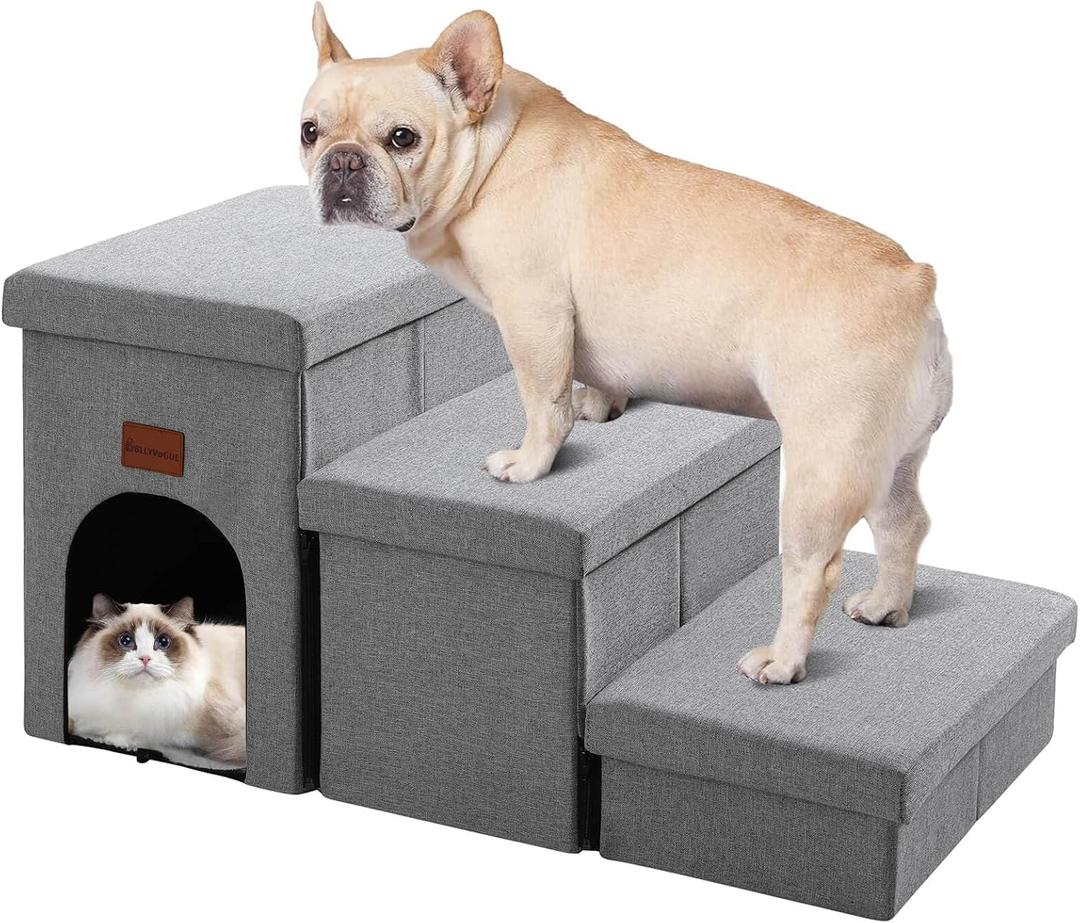 JOLLYVOGUE Small Dog Steps, Cat Stairs with Storage, Non-Slip Dog Steps for Beds Couches, Foldable Pet Stairs Helper for High Beds, 3-Tiers, Hold Up to 200 lbs