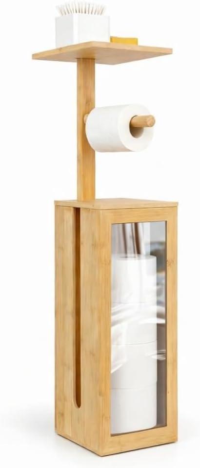 Bamboo Toilet Paper Holder Stand - Storage Stand,Holds 3 Rolls Toilet Paper Storage with Lid,with Free Standing Toilet Paper Holder and Top Shelf for Kitchen, Toilet, Pantry and Bathroom