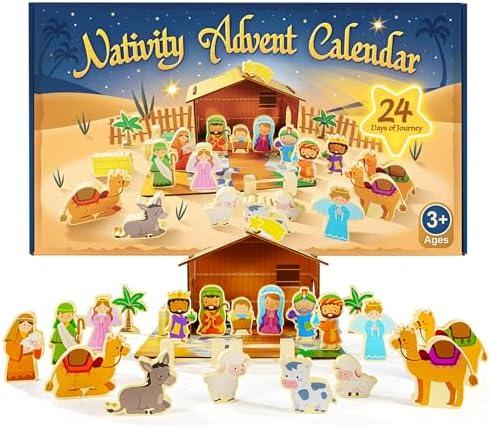 Nativity Advent Calendar for Kids, 24 Day Wooden Nativity Scene for Toddlers with 19 Wooden Figurine and Stable Christian Countdown Gifts for Kids