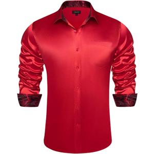 DiBanGu Mens Satin Dress Shirts Casual Long Sleeve Button Down Shirt Regular Fit Wrinkle Free Shiny Shirts for Men Party Prom (S, Satin Red)