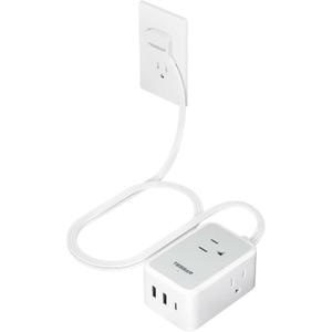 Short Flat Extension Cord, TESSAN Small Power Strip with 3 USB Port (1 USB C), 3 Outlets Small Charging Station, 3 ft Slim Plug for Cruise Travel Office School Dorm Room Essentials (Gray)