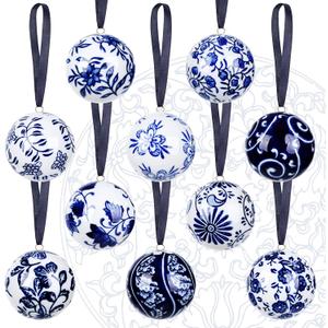 10 Pcs Porcelain Ball Ornaments Blue and White Chinoiserie Christmas Tree Hanging Ornaments 2.4 Inch Chinoiserie Porcelain Ceramic Decorative for Christmas Party Supplies