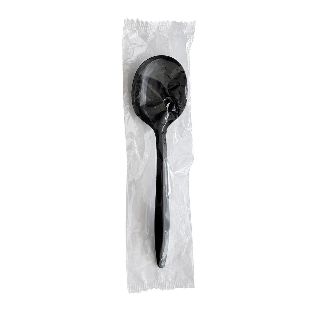 Boardwalk Disposable Plastic Soup Spoons, Case of 1,000, Individually Wrapped, Black Polystyrene Silverware, Heavyweight Design