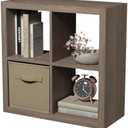 Bookshelf with Storage Bins, 4-Cube Storage Organizer Sturdy Wooden Bookcase Open Book Shelf, Multifunctional Cubicle Rack for Display, Furniture for Living Room Bedroom Office (Brown Walnut, 4-Cube)