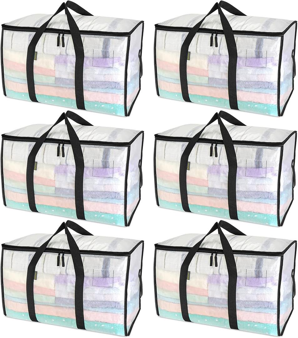BALEINE 6-Pack Oversized Moving Bags with Reinforced Handles, Heavy-Duty Storage Tote for Clothes, Moving Supplies (Clear, 6-Pack)