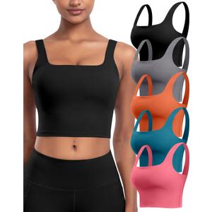 Womens Sports Bras 5 Packs - Square Neck Longline Workout Crop Tank Tops Padded Yoga Camisole with Built in Pads (Large, 5 Packs - Black/Dark Gray/Orange/Coral Pink/Peacock Blue)